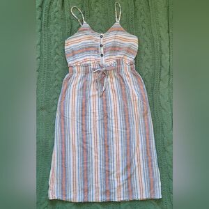 Japna 100% Cotton Blue and Orange Striped Midi Dress